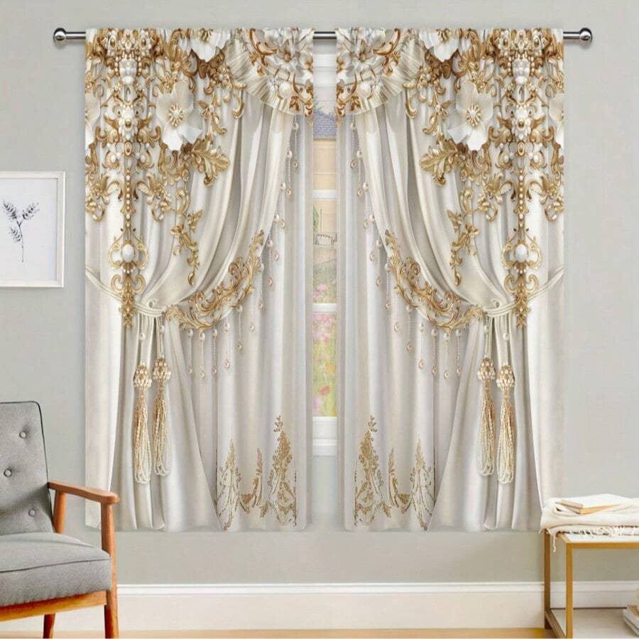 [Luxury Lace Curtain] 2pcs Luxury Polyester European Lace Pearl Curtains - Fashion Modern 2D Stereo Pattern Gorgeous Rod Art Wall Hanging Bedroom Living Room Dormitory Decoration