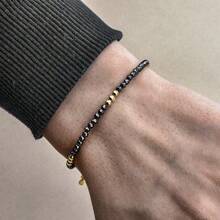 1pc Men's 3mm Black Onyx, Quartz, Lapis Lazuli Bead & Golden Copper Bead Adjustable Bracelet, Suitable For Daily Wear And Gift