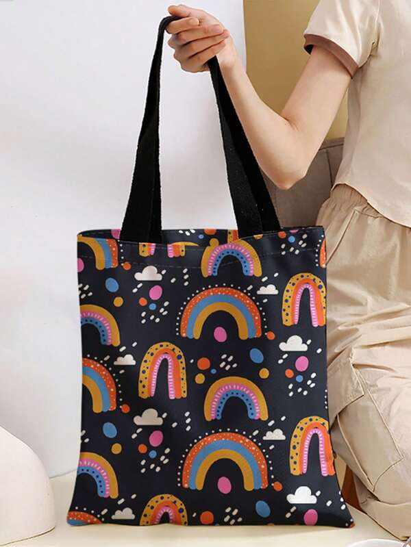 Sac à main d'épaule imprimé à double face avec motif aléatoire, sac à main décontracté, sac de plage de grande capacité réutilisable, sac de courses en canevas grande capacité pour femmes
