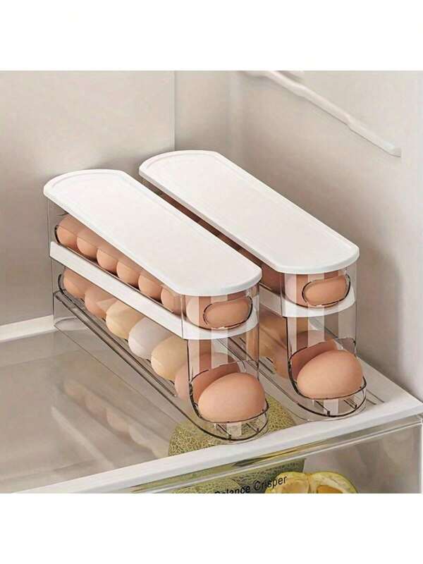 Soporte automático de doble capa para huevos, mantiene los huevos frescos, contenedor deslizante que sostiene de 12 a 14 huevos - Diseño con bisagras, material plástico, sin contacto con alimentos - Organizador de refrigerador, bandeja de huevos de cocina