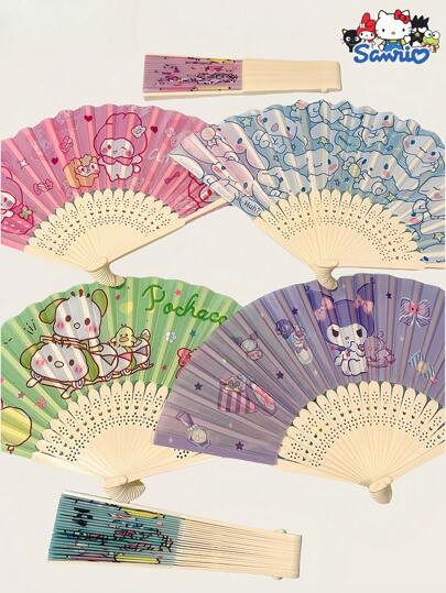 Sanrio 1 Pieza Abanico plegable veraniego rosa de Cinnamoroll, abanico plegable de estilo retro con diseño de dibujos animados de la estudiante Kuromi, abanico de mano plegable con mi melodía, accesorios para disfraces de Halloween, accesorios de boda, regalo para damas de honor, accesorios de boda, esenciales refrescantes de viaje y playa, artículo autorizado de Sanrio para despedida de soltera de estilo japonés.