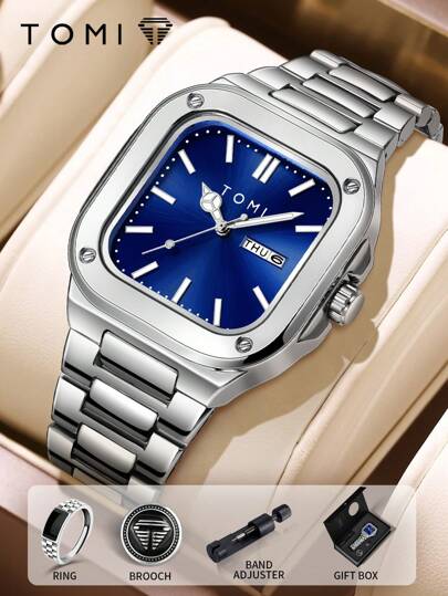 TOMI Reloj de cuarzo para hombres TOMI con alfiler y anillo con logo, esfera cuadrada, marcadores de rhinestone, estilo de negocios, caja de regalo, adecuado para la vida diaria, eventos de negocios, Día del Padre, San Valentín, Navidad