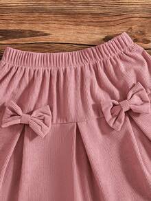 2pcs/Set New Girls' Lantern Sleeve Round Neck Pullover Heart Pattern Top + Bow Pink Skirt Set, Spring/Autumn Outdoor Sweet & Cute T-Shirt And Skirt Outfit - White - View 7