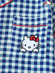 Bộ 3 món/Bộ đồ ngủ nữ xuân/hè Sanrio Hello Kitty kẻ sọc xanh trắng cổ polo tay ngắn có túi cài nút và quần/quần đùi thắt nơ, thích hợp mặc ở nhà, mặc thu đông - Xanh và trắng - Xem 4