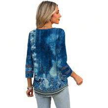 XIEERDUO 3/4 Length Sleeve Womens Tops Dressy Casual Blouses For Women 2025  V Neck T Shirts Summer Clothes - Z 海軍藍印花 - 查看 5