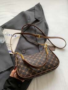 1 件女士纯色 PU 单肩包，多功能腋下包，适合工作通勤，可调节肩带斜挎包链条包腋下包手提包带金属刺绣字母 - 咖啡 - 查看 4