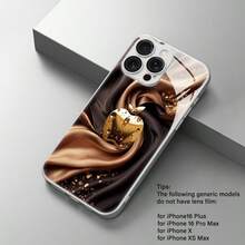1pc Black & Gold Apple Pattern Glass Material Phone Case, Elegant & High-End, Compatible With IPhone - Silver - View 3