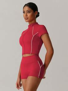 MASKERT "Bộ 2 món" Bộ đồ nữ, Bộ đồ thể thao, Áo khoác tay ngắn, Bộ đồ hai mảnh, Ôm sát, Chạy bộ, Tập thể dục, Bộ đồ tập thể dục, Bộ đồ yoga, Đi làm ở nhà, Giải trí, Thoải mái, Thân thiện với da - Đỏ - Xem 6