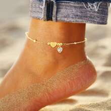 1pc SImple Classic Artificial Crystal Heart Initial Golden Stainless Steel Bead Chain Anklets For Women