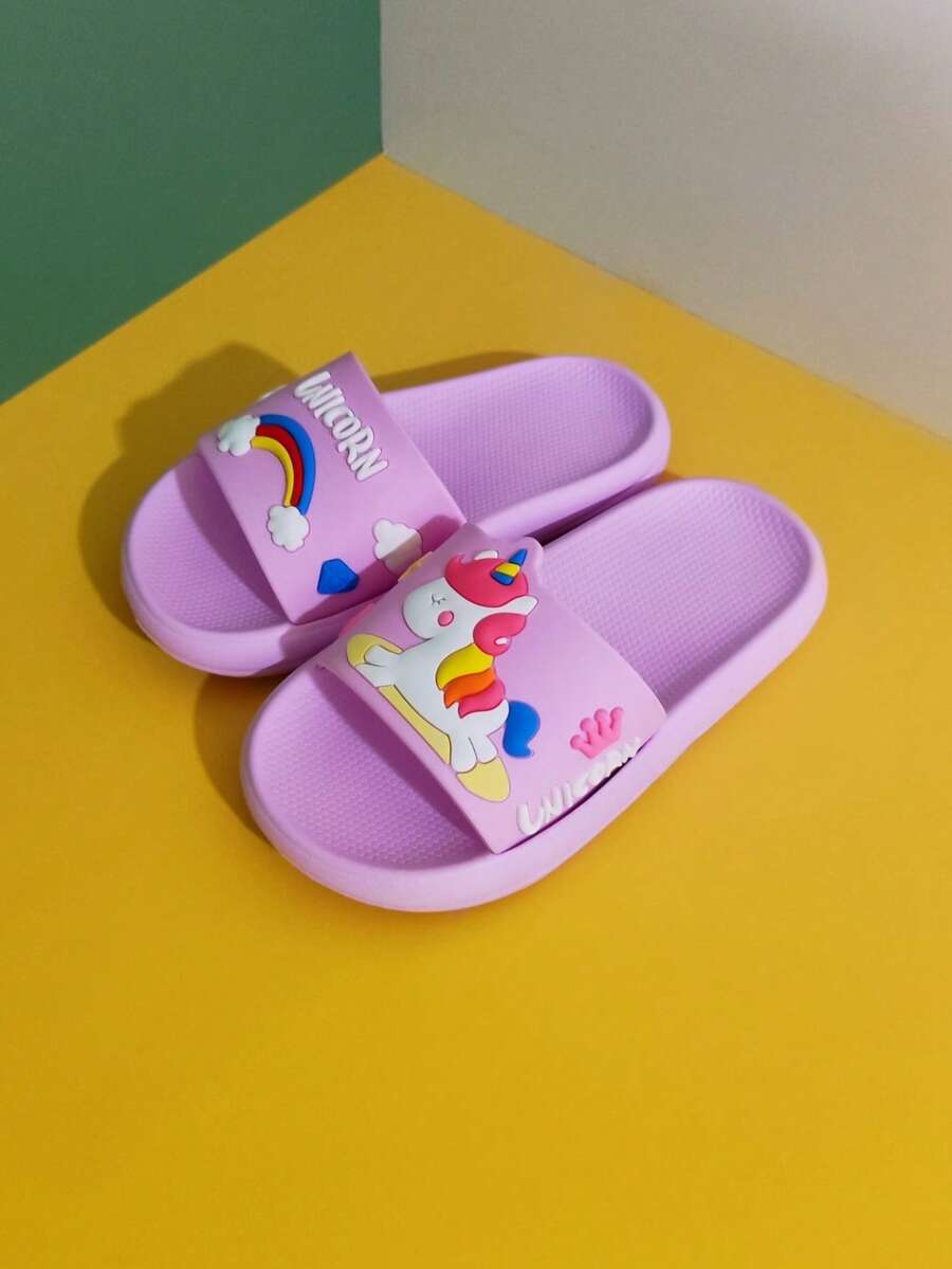 1 par de chanclas planas de EVA con arcoíris y unicornio para niños, adecuadas para uso en interiores/exteriores, hogar, baño, verano