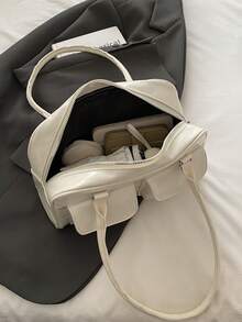 1pc Vintage Minimalist Zipper Tote Bag, Decorated With Pockets, Dual Handles, Suitable For Women's Casual And Commuting Daily Use - White - View 6
