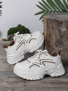 Ladies Casual Leisure Breathable Mesh Sneakers, Fashion Thick Sole Platform Shoes, Lightweight Non-Tiring, Solid Color Preppy Oxford Lace-Up Trainer Suitable For Holidays, Weddings, School, Parties, Office Wear In Spring/Autumn