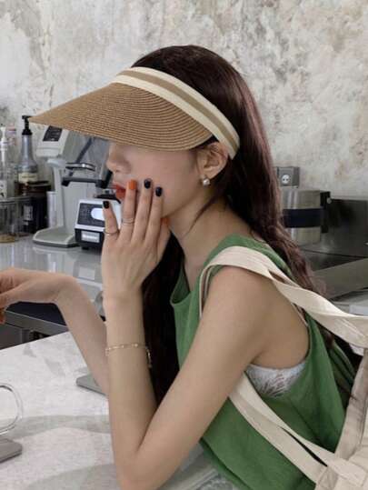 Summer Straw Woven Open Top Hat, Sun Protection Face Covering Headband, Sun Hat For Outdoor Activities, Beach, Cycling