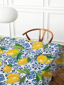 1 pieza Mantel rectangular/redondo moderno de poliéster a prueba de agua con estampado de limón y flores azules, apto para sala de estar, mesa de comedor al aire libre, mesa redonda pequeña, con impresión digital - Multicolor - Ver 9