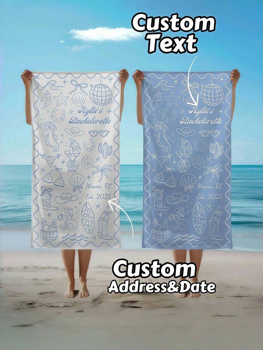 1pc Personalized Text Bachelorette Beach Towel,Custom Location And Name Bachelorette Party Pool Towel,Soft Quick-Dry Pool Towel,Bachelorette Matching Towels,Beach Trip Gifts,Vacation Gifts For Traveler,Teens Pool Towel,Back-To-School Gift,Holiday Gift