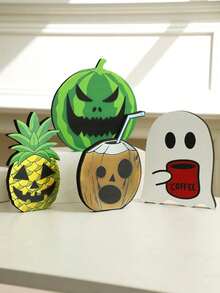 1 件万圣节水果木制标牌，有趣的鬼魂西瓜菠萝椰子南瓜灯装饰，可爱的卡通咖啡鬼桌面装饰，适合秋季丰收派对家居展示 - 彩色 - 查看 9