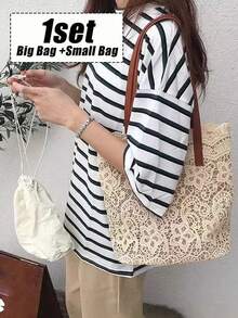 优雅的花卉蕾丝手提包和小号抽绳化妆包，旅行沙滩包，可爱的钱包，别致的单肩和腕部手提包，带磁扣，复杂的编织设计，可折叠设计，涤纶，非常适合购物、旅行、海滩和日常工作、通勤、购物