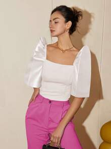 女款春夏純色泡泡袖立領方領優雅襯衫短版上衣 - 白色 - 查看 4