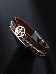 Bracelet de manchette style bohème en PU avec arbre de vie en cristal, convient pour les tenues de femme