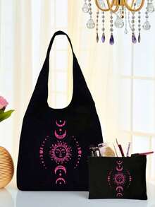 月亮印花黑色单肩包；手提包和化妆包二合一；帆布包；大容量单肩包搭配精致化妆包；单肩包化妆包组合是女性必备单品；两件套单肩包化妆包，适合度假、海滩、商务旅行、日常通勤