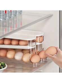 Soporte automático de doble capa para huevos, mantiene los huevos frescos, contenedor deslizante que sostiene de 12 a 14 huevos - Diseño con bisagras, material plástico, sin contacto con alimentos - Organizador de refrigerador, bandeja de huevos de cocina