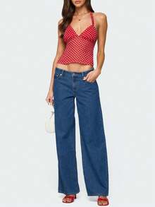 Women Polka Dot Y2k Halter Neck Tank Top Backless Low Cut Tie Up Solid Color Camisole Tops Summer Slim Fit Going Out Crop Tops Club Party Streetwear  - 紅色 - 查看 3