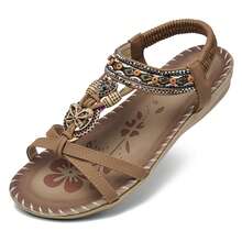 Women Sandals Floral Print Elastic Strap Lightweight Beach Shoes - Dark Brown - View 4