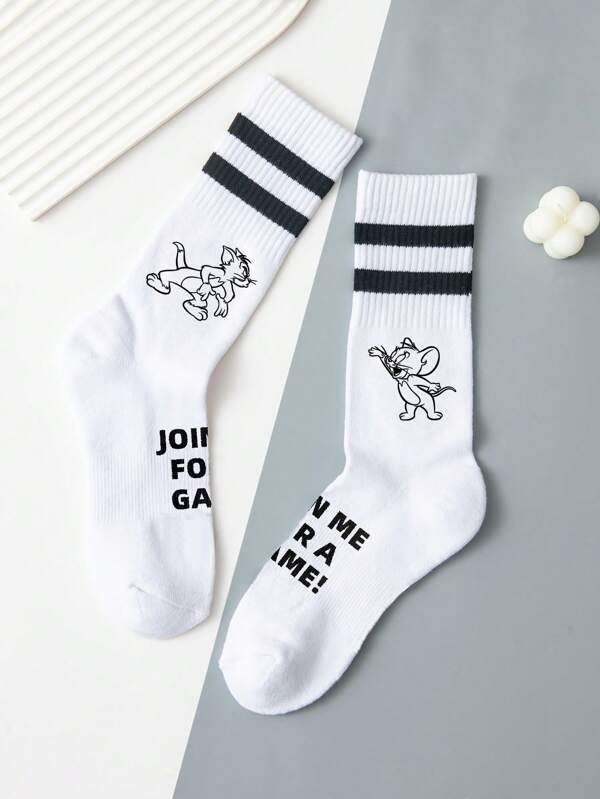 Warner Bros 2 Pairs High Quality Cartoon Striped Black & White Crew Socks For Women, Tom & Jerry Cartoon Ankle Socks For Men, Summer Gift Socks, Breathable & Comfortable Short Socks, Couple Style, Fall Socks