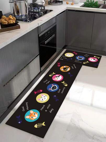 1pc Silica Gel Kitchen Mat With Cat Head And Fishbone Design, Cute Cartoon Style, Cushion Anti-Fatigue Kitchen Carpet, Water-Absorbent And Dirt-Resistant, Can Be Trimmed To Any Size, Durable And Comfortable Silica Gel Rubber Mat, Suitable For Kitchen, Bathroom, Entryway, Laundry Room, Etc.