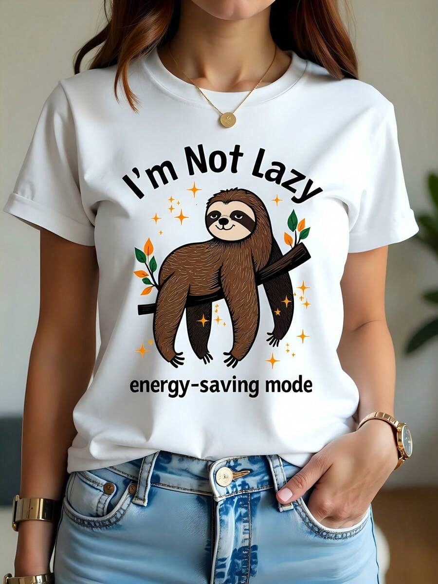 Camiseta blanca de algodón 180g cuello redondo manga corta con estampado de perezoso I'm Not Lazy energía modo ahorro ideal para mujer para primavera verano regalo perfecto para el Día de la Madre y fiestas casuales - Blanco - Ver 1