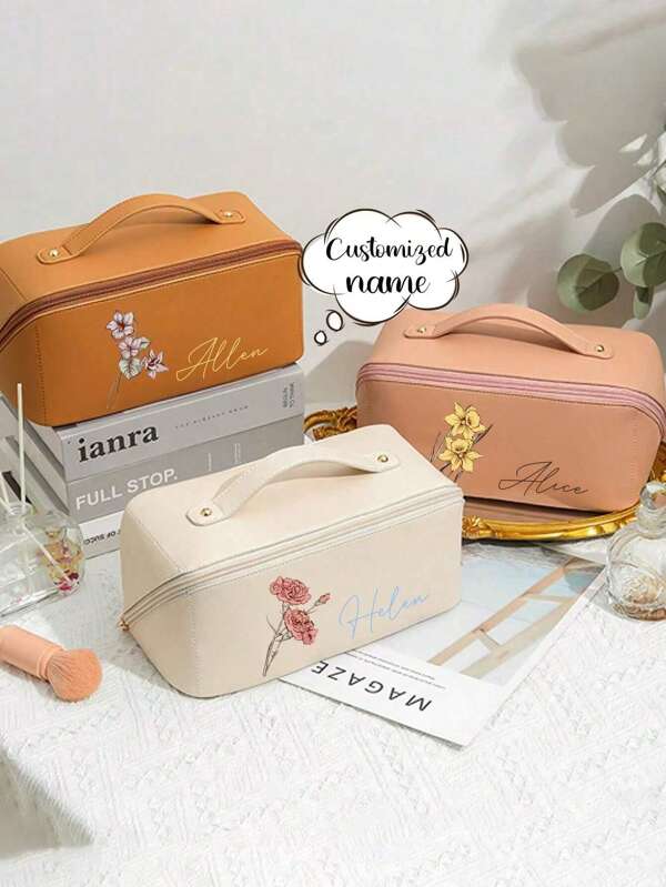 Customized Floral Element Painting Personalized Text Cosmetic Bag Exclusively For You, Portable PU Waterproof Large Capacity Cosmetic Bag, Customized Bridesmaid Gift Fashionable Large Capacity Travel Storage Bag, Advanced Beauty Bag, Portable Multi-Functional Versatile Large Capacity Light And Practical,