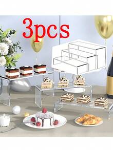 1Set 3/5 Pcs Acrylic Display Stands, Stackable Clear Acrylic Shelves- Display Shelf Riser For Collectibles, Figurine, Gemstone, Curio,Cupcake, Toys. Organize, Decor - Clear - View 1