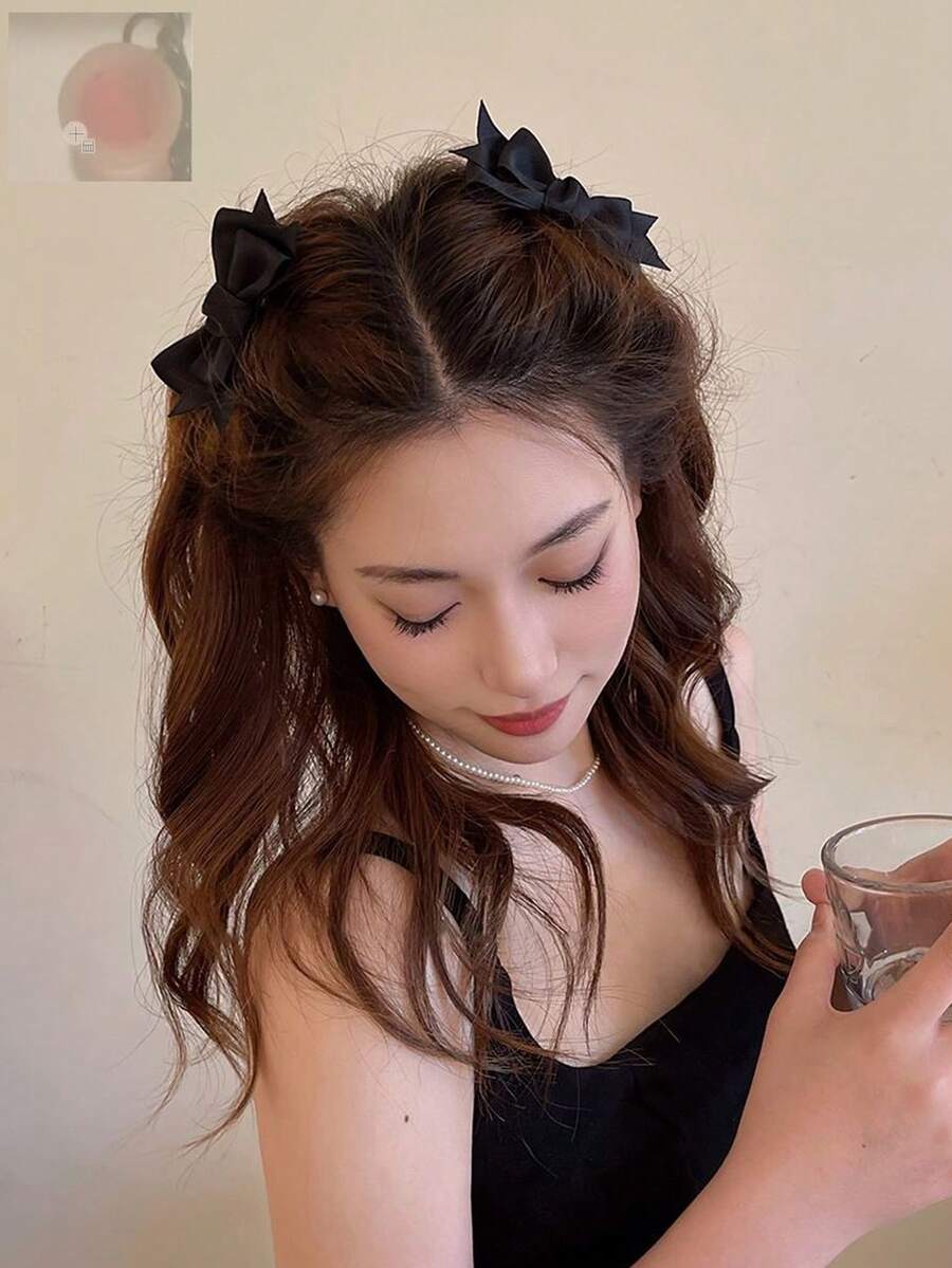 2个优雅简约公主风甜美仙女风高品质可爱4.13英寸白色蝴蝶结发夹，适合女性日常、上学、通勤、度假、派对、送礼，鳄鱼夹发饰，冬季女性穿搭，蝴蝶结，优雅，闺蜜礼物 - 黑色 - 查看 1