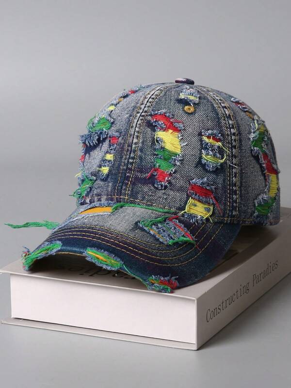 1pc Vintage Distressed Washed Denim Baseball Cap, Unique Personalized Ripped Brimmed Hat, Fashionable Streetwear For Men And Women
