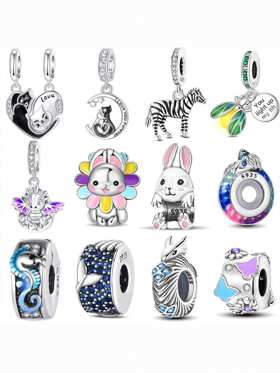 镀银吊坠猫萤火虫兔子蝴蝶动物系列吊坠饰品吊坠球适用于手链DIY女士饰品 - 多 - 查看 1