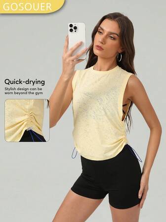 GOSOUER Women's Jacquard Semi-Permeable Adjustable Drawstring Loose Sports Running Fitness Top