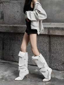 Fall/Winter 2025 Summer New Fashion Pointed Toe Stiletto Heeled Thigh High Boots, Button Detail Versatile Design, Ladies,Y2k Shoes,White Boots