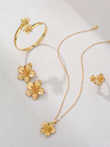 1 Set Luxus goldene blumenförmige Armband, 1 Ring, 1 Halskette, 1 Paar Ohrringe, Schmuckset für Frauen, ideal für Dates, Paargeschenk (ohne Geschenkbox)