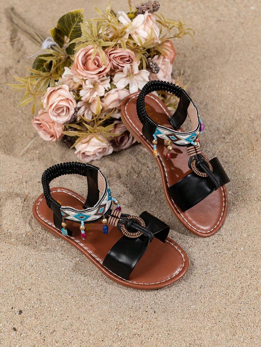 1 双时尚儿童波西米亚风格凉鞋，舒适钩环耐用沙滩凉鞋，珠子颜色随机