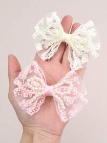 2 piezas/4 piezas Pinzas para el cabello con lazos de tul rosa y blanco para niñas, lazos de perlas artificiales, accesorios elegantes para el cabello para uso diario de adolescentes como regalo