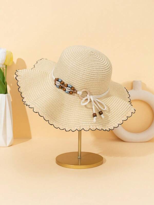 1pc Women Shell Decor Scallop Trim Boho Straw Hat For Summer Bow, Beach Vacation Tourism, Leisure Sunshade Straw Hat