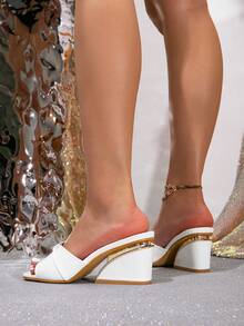 女式夏季露趾高跟凉鞋，方头粗跟，百搭 - 白色 - 查看 5