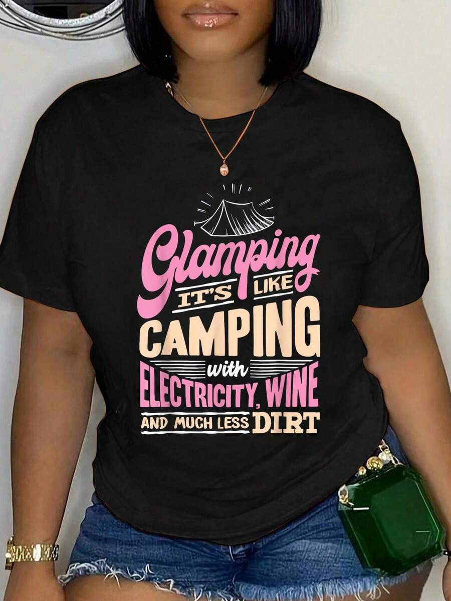 100% Cotton Glamping Shirt Women Funny Glamper T-Shirt Unisex Classic Comfort Tee Tops Oversized Crew Neck T Shirts - màu đen - Xem 1