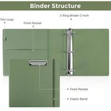 Neww  3 Ring Binder 3 Inch D Ringr  Clipboard, PU Heavy Duty Clipboard Binder  Notepad & 5 Dividers  5 Pockets, Labels, Clipboard Folder Great For School Office - 橄欖綠字母尺寸 - 3 英寸 - 查看 6