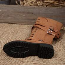 女士时尚圆头厚底侧拉链中筒靴，新款休闲户外鞋