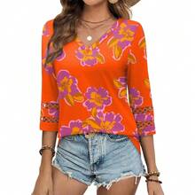 XIEERDUO 3/4 Length Sleeve Womens Tops Dressy Casual Blouses For Women 2025  V Neck T Shirts Summer Clothes - Z 橙色印花 - 查看 3