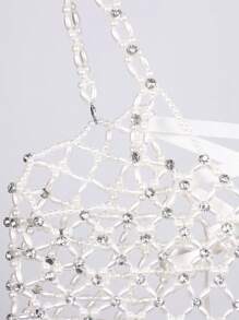 1 pezzo Canotta da donna con corpetto decorato con perle, senza schienale e senza maniche, decorazione con catena sulla schiena, in stile Y2K, da festa, con paillettes e perline lucenti
