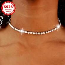1 Collier cravate mode pour femme, chaîne de clavicule empilable, rangée simple super flashy de zirconium synthétique étincelant, 2g argent 925 incrusté de zirconium synthétique, cadeau pour banquet, usage quotidien, vacances