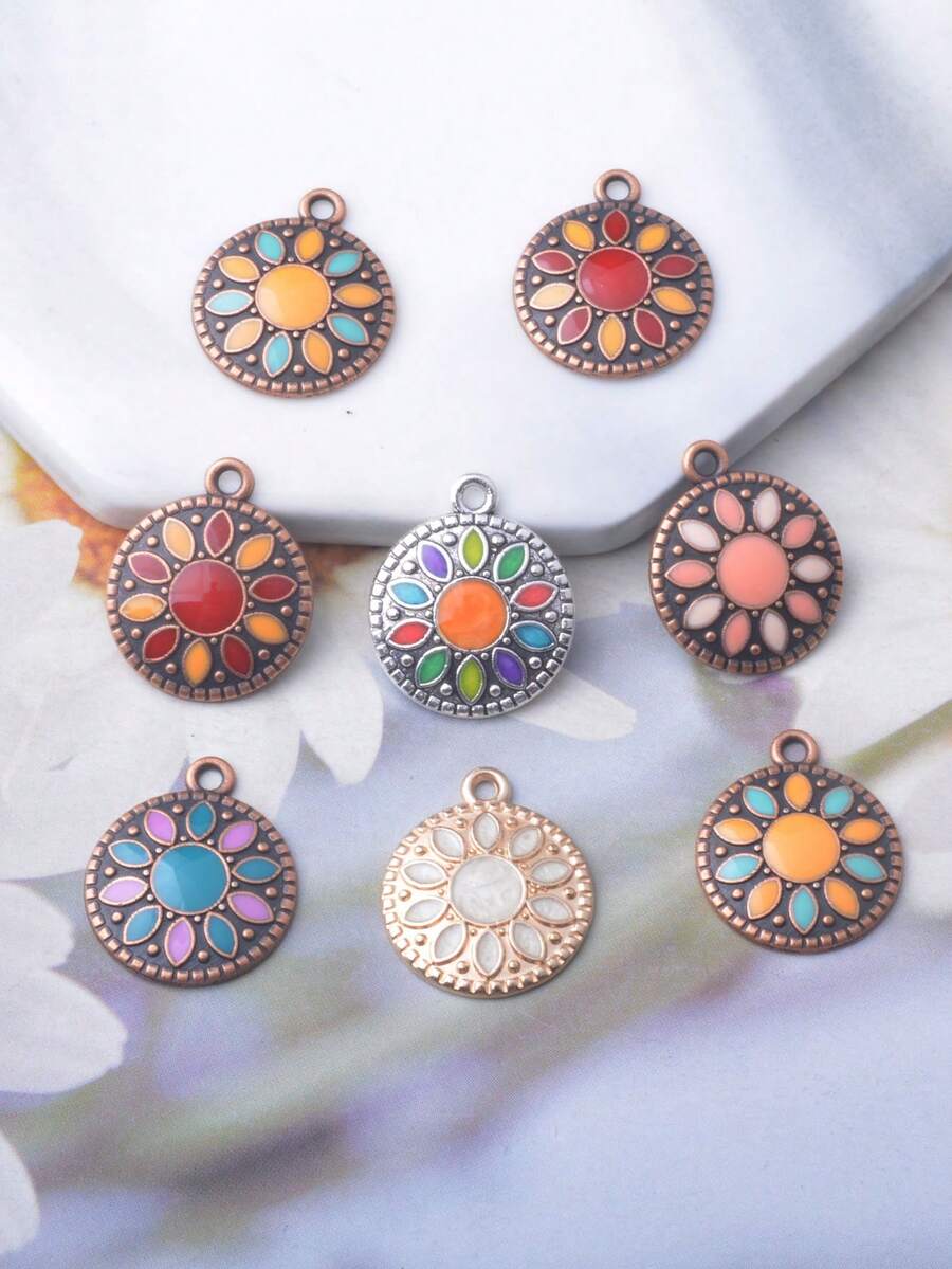 12pcs Bohemian Style Bronze Round Enamel Pendants, Metal Gold Small ...