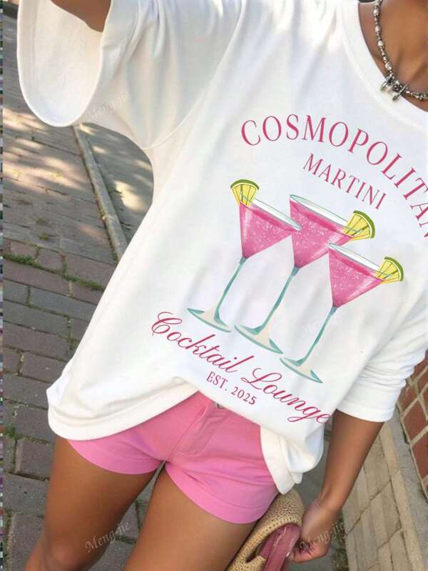 Women's Summer Wine Glass & Letter Print Casual Loose Round Neck White T-Shirt